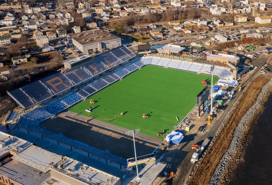 Aerial photograph of Tidewater Stadium in Pawtucket, Rhode Island.